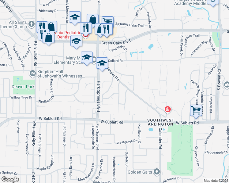 map of restaurants, bars, coffee shops, grocery stores, and more near 5800 Teal Ridge Drive in Arlington