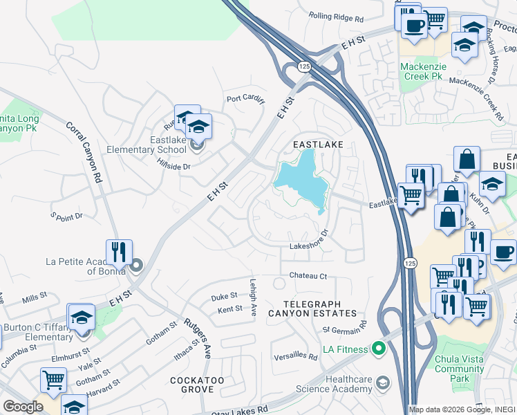 map of restaurants, bars, coffee shops, grocery stores, and more near 2001 Lakeridge Circle in Chula Vista