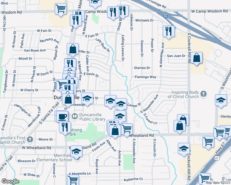 map of restaurants, bars, coffee shops, grocery stores, and more near 410 East Cherry Street in Duncanville