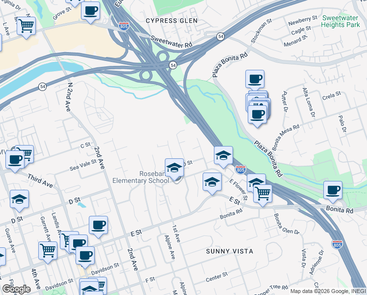 map of restaurants, bars, coffee shops, grocery stores, and more near 79 Vista Way in Chula Vista