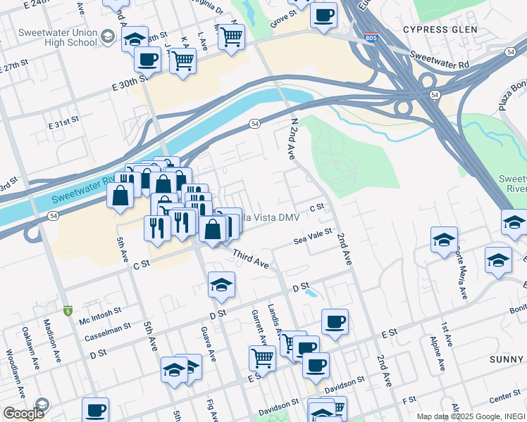 map of restaurants, bars, coffee shops, grocery stores, and more near 1 Corso Di Italia in Chula Vista