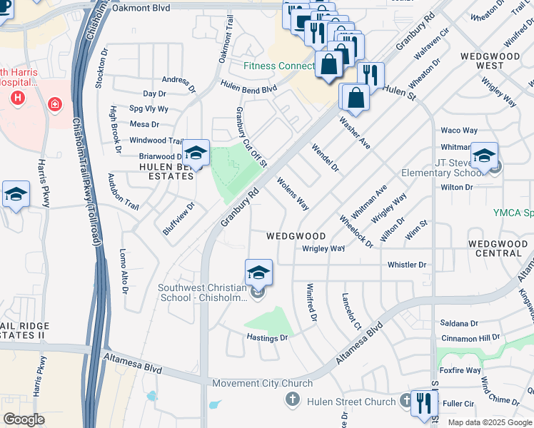 map of restaurants, bars, coffee shops, grocery stores, and more near 6512 Westrock Drive in Fort Worth