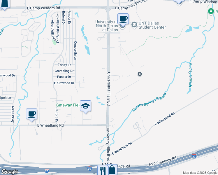 map of restaurants, bars, coffee shops, grocery stores, and more near 8010 University Hills Boulevard in Dallas