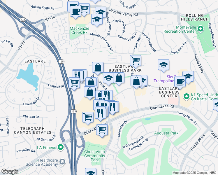 map of restaurants, bars, coffee shops, grocery stores, and more near 881 Kuhn Drive in Chula Vista