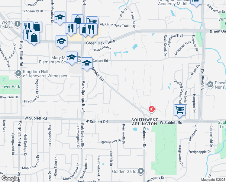 map of restaurants, bars, coffee shops, grocery stores, and more near 5801 Guildwood Drive in Arlington