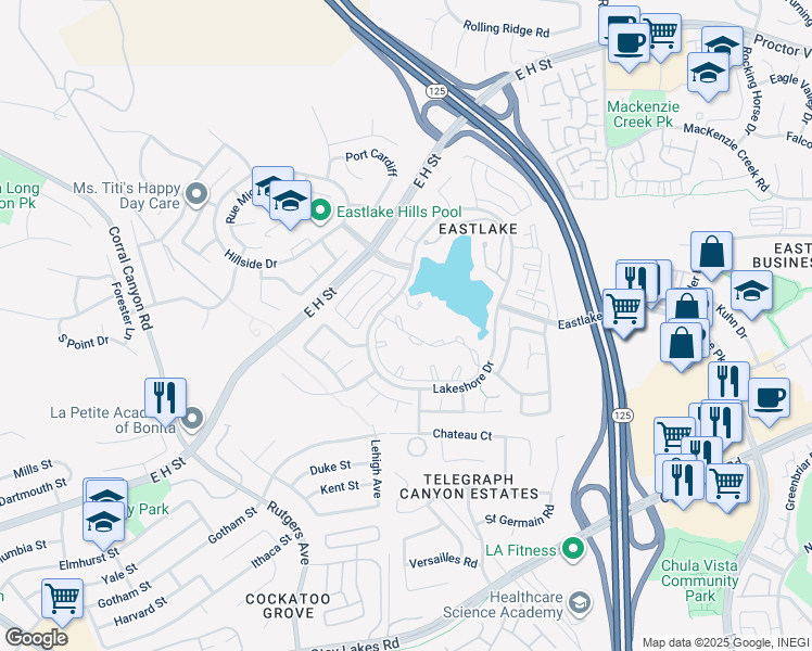 map of restaurants, bars, coffee shops, grocery stores, and more near 725 Brookstone Road in Chula Vista