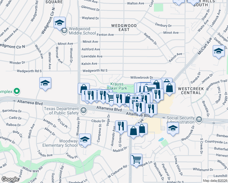 map of restaurants, bars, coffee shops, grocery stores, and more near 3701 Century Place in Fort Worth