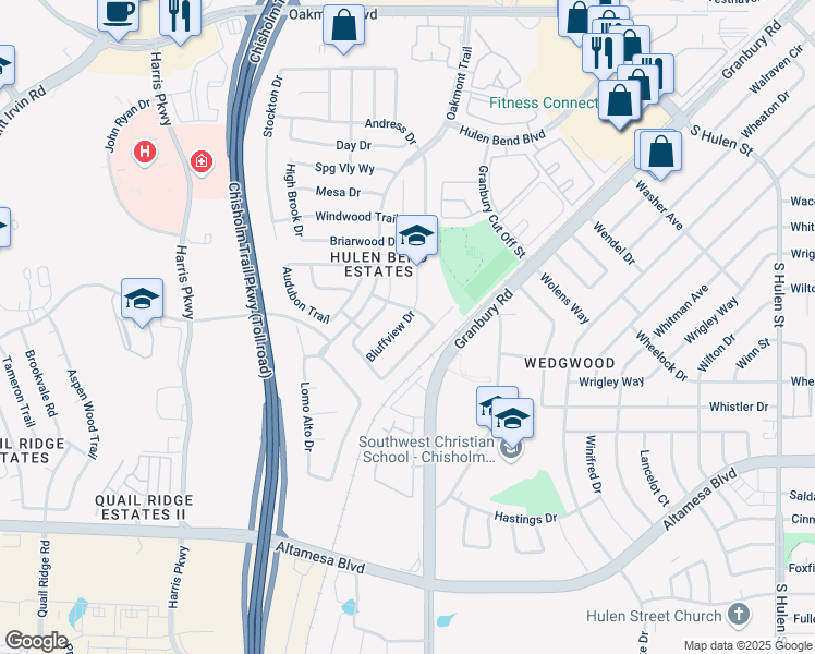map of restaurants, bars, coffee shops, grocery stores, and more near 6711 Canyon Crest Drive in Fort Worth