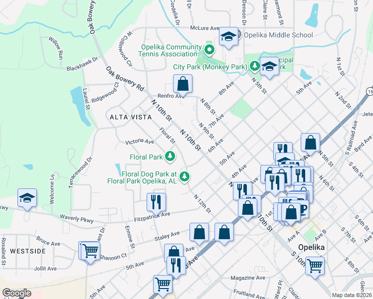 map of restaurants, bars, coffee shops, grocery stores, and more near 603 Floral Street in Opelika
