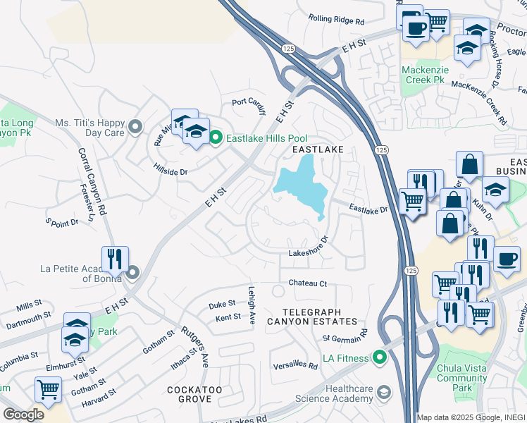 map of restaurants, bars, coffee shops, grocery stores, and more near 730 Brookstone Road in Chula Vista