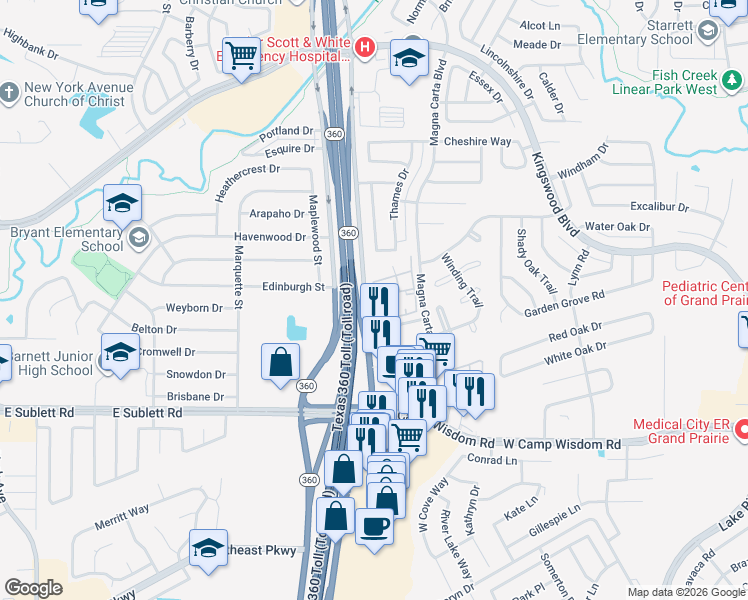 map of restaurants, bars, coffee shops, grocery stores, and more near 4950 Prairie Ranch Drive in Grand Prairie