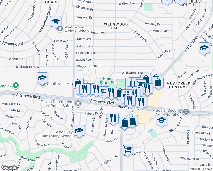 map of restaurants, bars, coffee shops, grocery stores, and more near 3701 Century Place in Fort Worth
