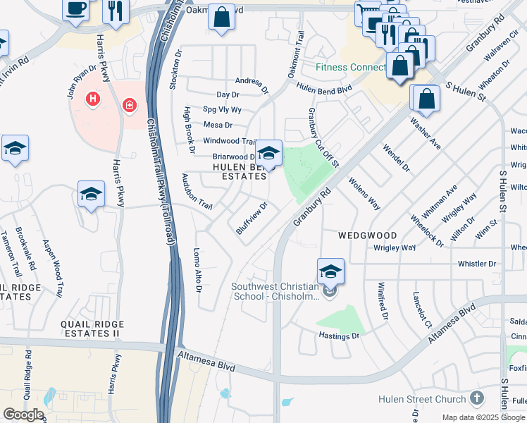 map of restaurants, bars, coffee shops, grocery stores, and more near 6711 Canyon Crest Drive in Fort Worth