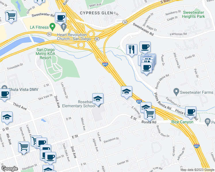 map of restaurants, bars, coffee shops, grocery stores, and more near 19 Casselman Court in Chula Vista