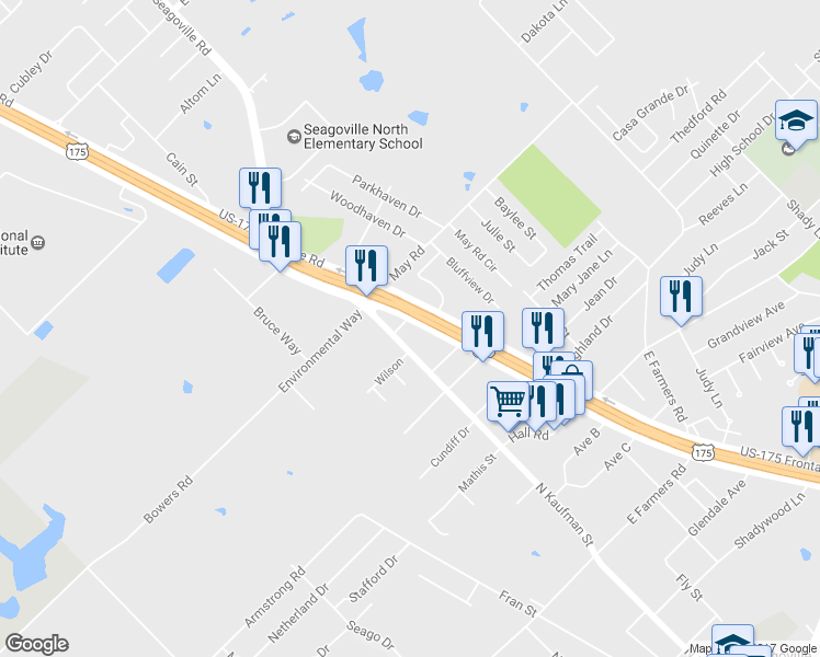 map of restaurants, bars, coffee shops, grocery stores, and more near 104 Bee Street in Seagoville