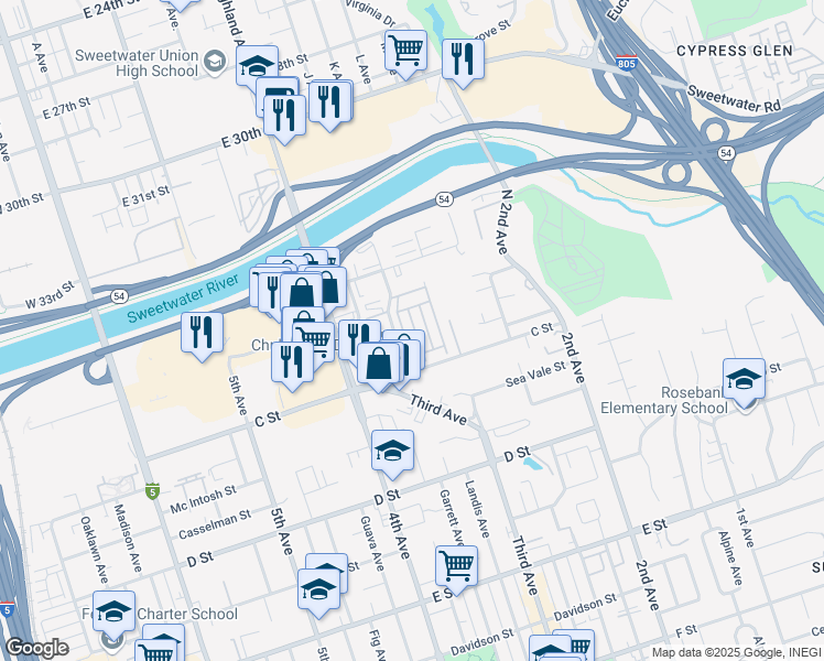 map of restaurants, bars, coffee shops, grocery stores, and more near 345 C Street in Chula Vista