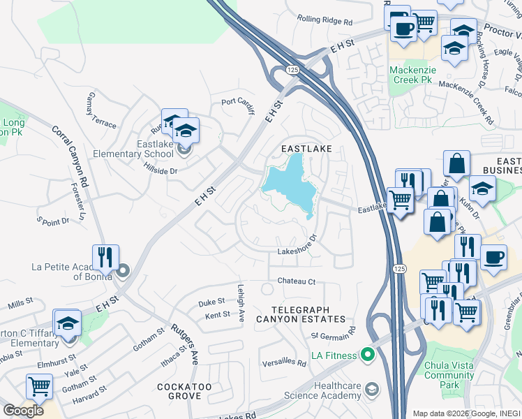 map of restaurants, bars, coffee shops, grocery stores, and more near 730 Brookstone Road in Chula Vista
