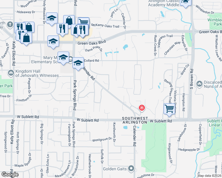 map of restaurants, bars, coffee shops, grocery stores, and more near 3307 Calender Road in Arlington