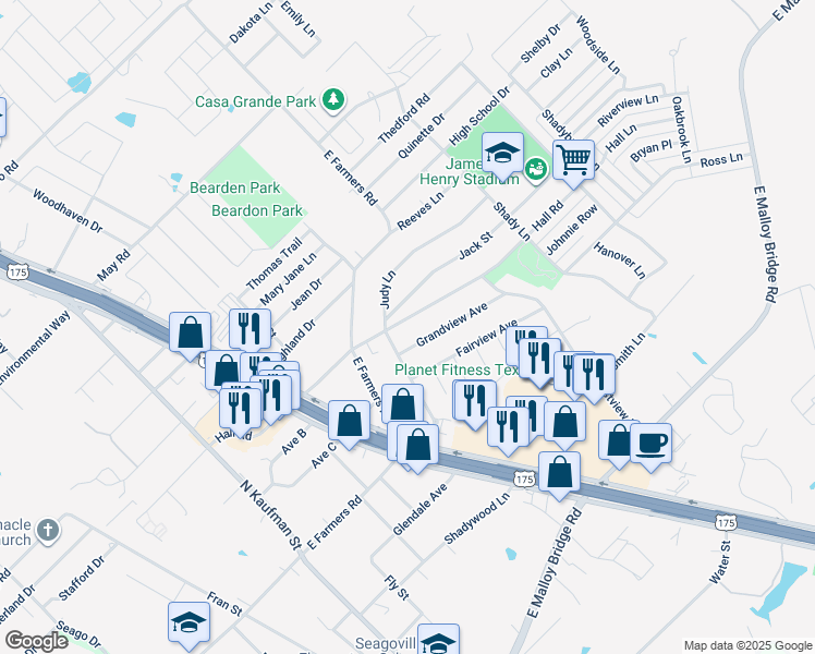 map of restaurants, bars, coffee shops, grocery stores, and more near 706 Hall Road in Seagoville