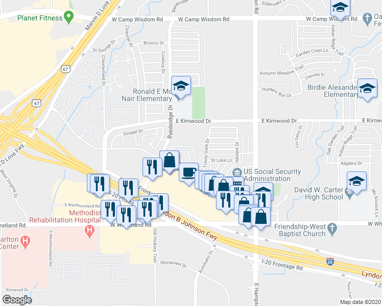 map of restaurants, bars, coffee shops, grocery stores, and more near 7963 Harmony Creek Road in Dallas
