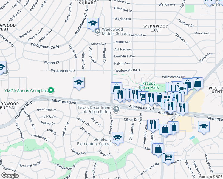 map of restaurants, bars, coffee shops, grocery stores, and more near 6303 Woodway Drive in Fort Worth