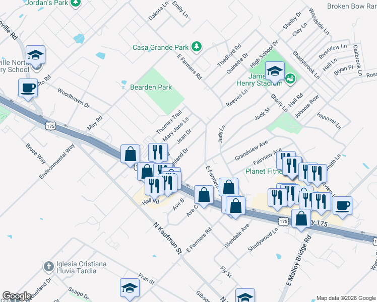 map of restaurants, bars, coffee shops, grocery stores, and more near 516 Highland Drive in Seagoville