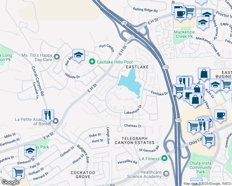 map of restaurants, bars, coffee shops, grocery stores, and more near 725 Brookstone Road in Chula Vista