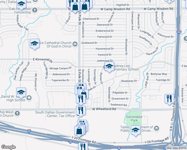 map of restaurants, bars, coffee shops, grocery stores, and more near 7831 Overridge Drive in Dallas