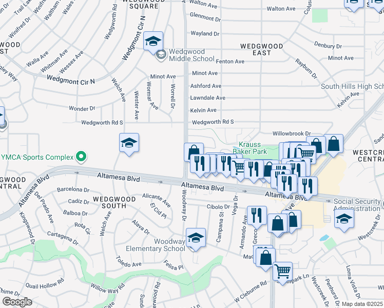 map of restaurants, bars, coffee shops, grocery stores, and more near 6303 Woodway Drive in Fort Worth