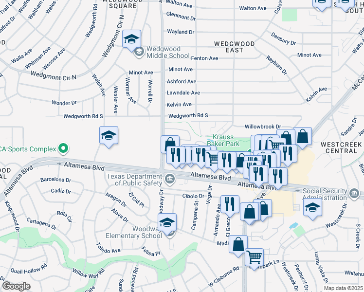 map of restaurants, bars, coffee shops, grocery stores, and more near 6301 Woodway Drive in Fort Worth