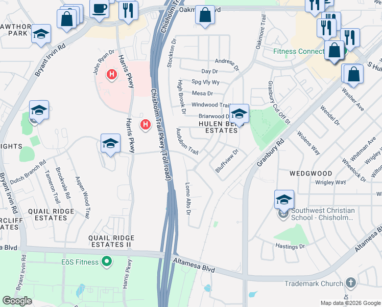 map of restaurants, bars, coffee shops, grocery stores, and more near 6917 Lomo Alto Drive in Fort Worth