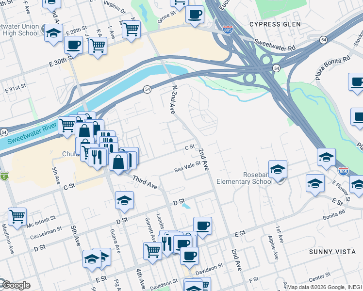 map of restaurants, bars, coffee shops, grocery stores, and more near 24 2nd Avenue in Chula Vista