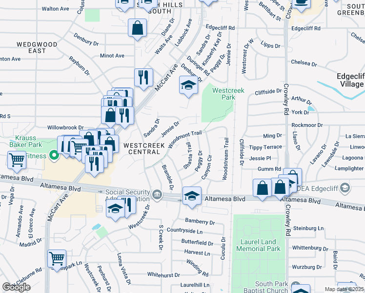 map of restaurants, bars, coffee shops, grocery stores, and more near 6311 Woodmont Court in Fort Worth