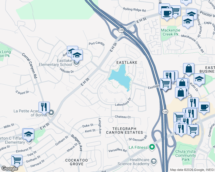 map of restaurants, bars, coffee shops, grocery stores, and more near 730 Brookstone Road in Chula Vista