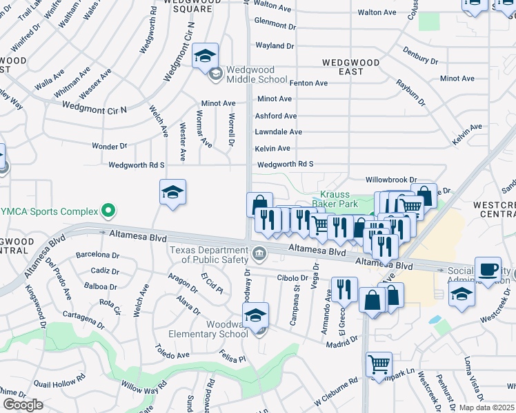 map of restaurants, bars, coffee shops, grocery stores, and more near 6303 Woodway Drive in Fort Worth