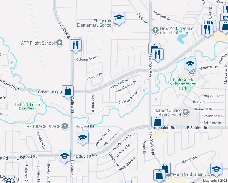 map of restaurants, bars, coffee shops, grocery stores, and more near 1701 Brookarbor Court in Arlington
