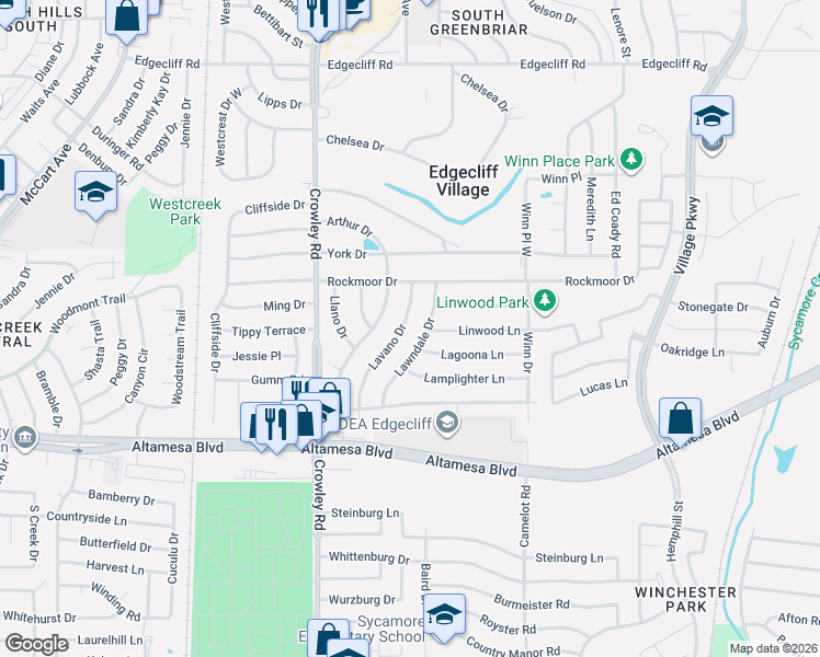 map of restaurants, bars, coffee shops, grocery stores, and more near 6409 Lavano Drive in Fort Worth