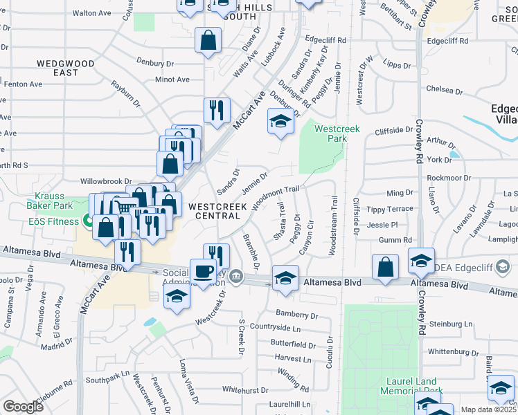 map of restaurants, bars, coffee shops, grocery stores, and more near 2625 Woodmont Trail in Fort Worth