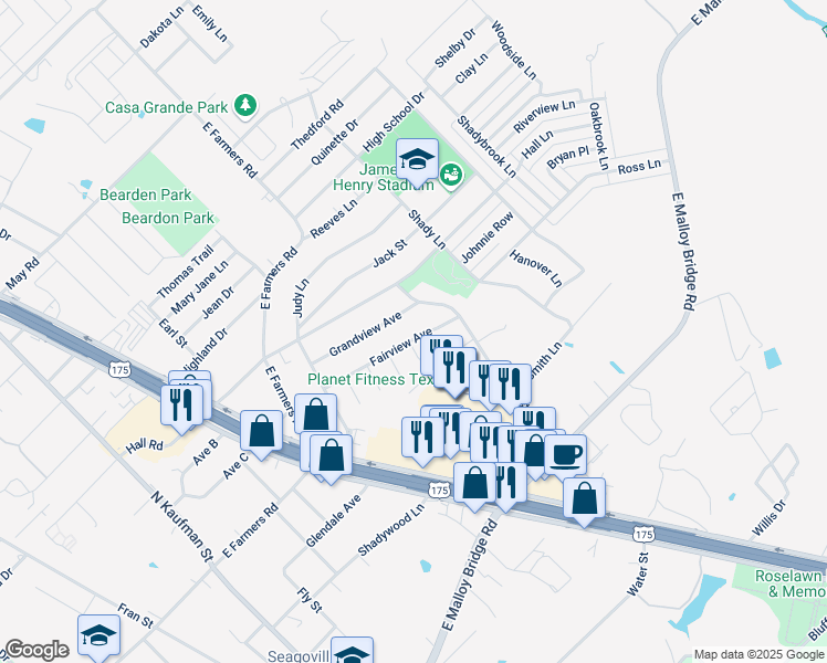 map of restaurants, bars, coffee shops, grocery stores, and more near 741 Fairview Avenue in Seagoville