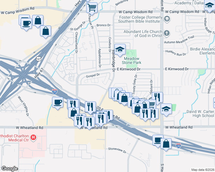 map of restaurants, bars, coffee shops, grocery stores, and more near 3400 Bainbridge Drive in Dallas