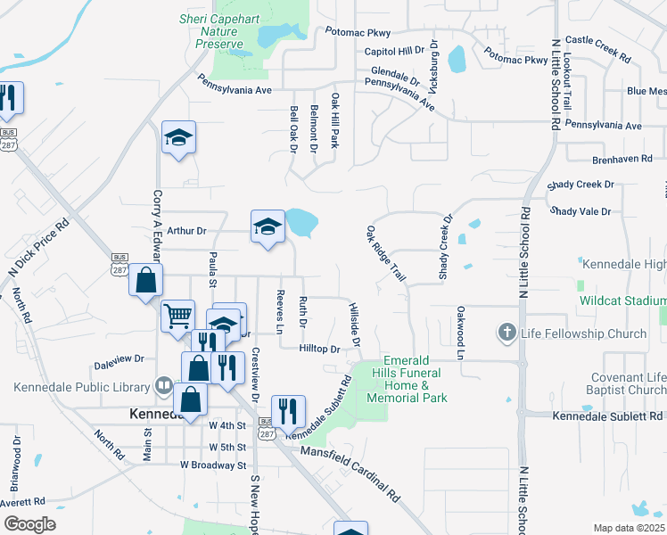 map of restaurants, bars, coffee shops, grocery stores, and more near 629 Briar Court in Kennedale