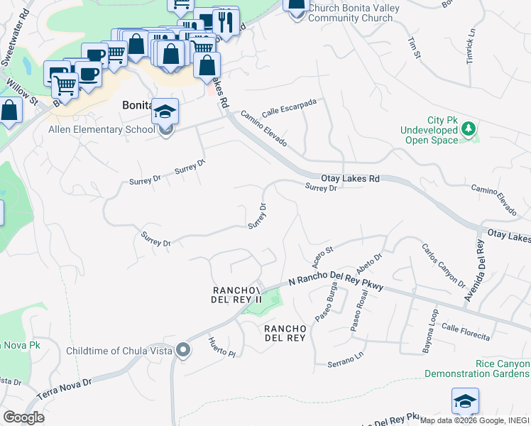 map of restaurants, bars, coffee shops, grocery stores, and more near 966 Surrey Drive in Bonita