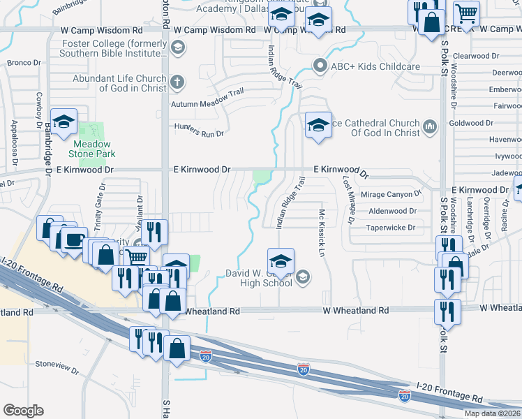 map of restaurants, bars, coffee shops, grocery stores, and more near 7738 Oak Garden Trail in Dallas