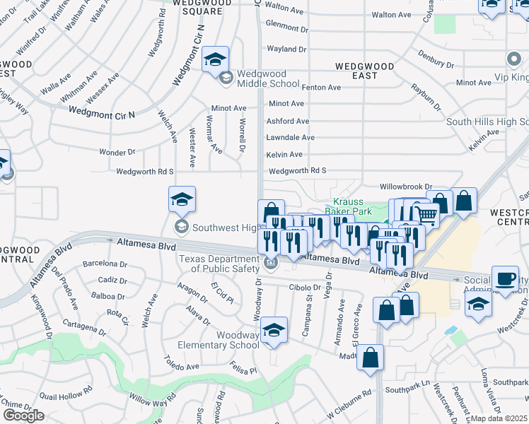 map of restaurants, bars, coffee shops, grocery stores, and more near 6201 Woodway Drive in Fort Worth
