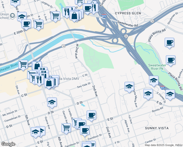 map of restaurants, bars, coffee shops, grocery stores, and more near 5 2nd Avenue in Chula Vista