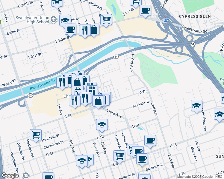 map of restaurants, bars, coffee shops, grocery stores, and more near 1 Corso Di Italia in Chula Vista