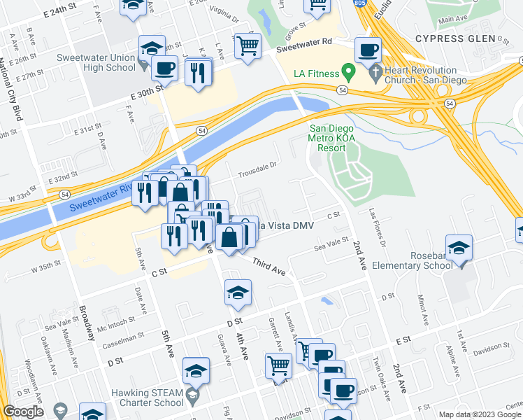 map of restaurants, bars, coffee shops, grocery stores, and more near 313 Via Salaria in Chula Vista