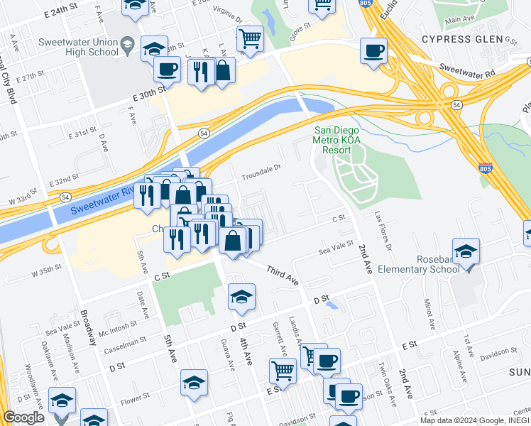 map of restaurants, bars, coffee shops, grocery stores, and more near 86 Corso Di Italia in Chula Vista