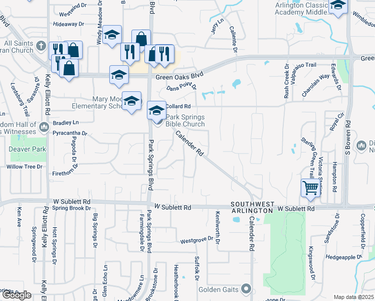 map of restaurants, bars, coffee shops, grocery stores, and more near 5600 Teal Ridge Drive in Arlington