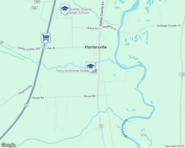 map of restaurants, bars, coffee shops, grocery stores, and more near 70 Academy Street in Plantersville